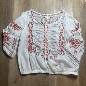 Free People Blouse Womens Medium White Embroidered Boho Lace Peasant Top Button